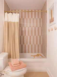 a white toilet sitting next to a bath tub in a bathroom under a shower curtain