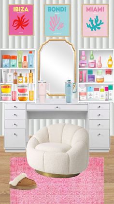 a white chair sitting in front of a mirror on top of a table next to a dresser