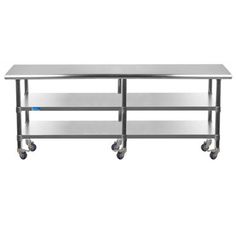 two stainless steel tables with wheels on each side and one shelf for the other end