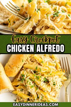 easy crockpot chicken alfredo on a white plate with a fork and bread roll