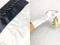 Vintage 1980s Deadstock Embroidered Rhinestone Gloves, 80s White Or Black Satin Gloves, 1980s does 1950s, Vintage Bridal Gloves, 80s Bridal Rhinestone Gloves, 1950s Coat, Elbow Length Gloves