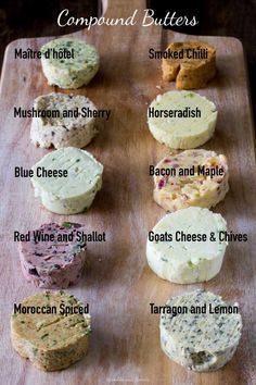 a wooden cutting board topped with different types of food