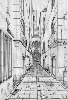 a pencil drawing of an alleyway with windows and bars on either side, looking down the street