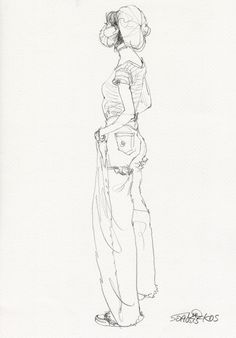 a drawing of a woman standing with her back to the camera