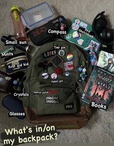 Black Jansport Backpacks Aesthetic Pins, Survival Backpack Aesthetic, Cryptid Hunter Backpack, Aesthetic Backpack Decoration, Aesthetic What’s In My Backpack, What In My Bag School Backpacks, Cryptidcore Bag, School Backpack Decorations, Cool School Backpacks