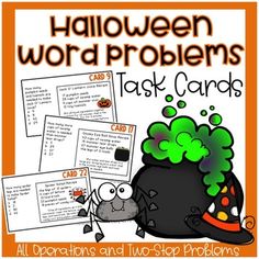 halloween word problems task cards with an image of a pot full of caulders