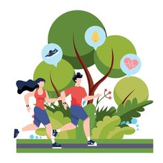 two people jogging in the park with trees and hearts on their heads, one running