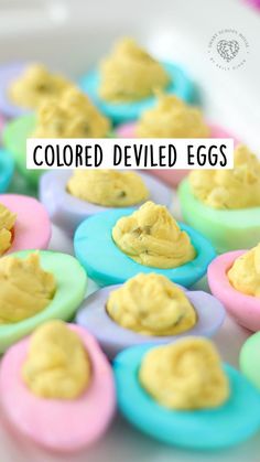 colored deviled eggs on a plate with text overlay