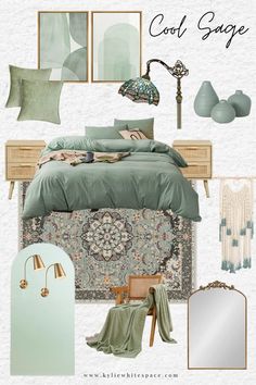 Sage Green interior design mood board Bedroom Seafoam Green, Green Walls Boho Bedroom, Bedroom Design Sage Green, Blue Green Bedroom Decor, Mood Boards For Bedrooms, Sage Bedroom Decor Ideas, Sage Green Bedroom Mood Board, Sage Green Blue Bedroom, Boho Sage Bedroom