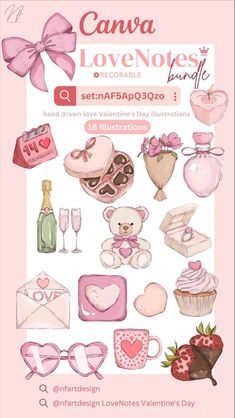 a pink poster with various items for valentine's day