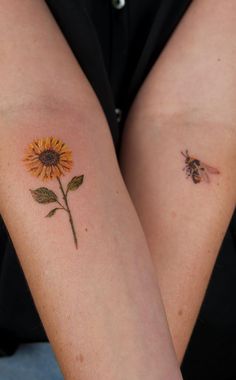 two sunflower tattoos on both arms, one with a bee and the other with a flower