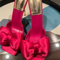 Hot Pink With Bow And Gold Heel Feather Heels, Brown Leather Heels, Orange Shoes, Strappy High Heels, Black Suede Pumps, Bridal Heels, Bow Sandals, Rhinestone Heels, Size 11 Heels