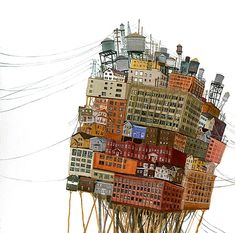 a bunch of buildings are stacked on top of each other with wires in the background