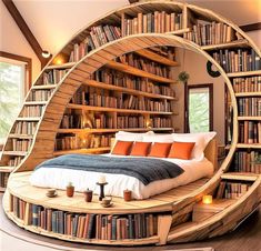 a circular bed made out of bookshelves in the middle of a room filled with furniture