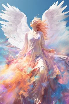 White angel in blue sky, holographic style, photo montage elements, color tones of light orange, dark magenta, light green, and indigo, expressive free brushwork, energy-charged visuals Angel Flying, Fairy Folk, Moodboard Ideas, Dark Magenta, Photo Montage, Angel Aesthetic, White Angel