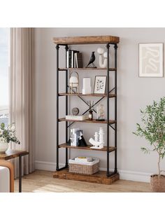 an open bookcase in a living room next to a potted plant and window