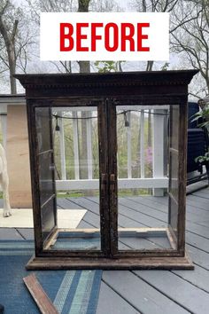 a dog standing on top of a wooden deck next to a glass door that says before