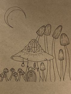 a drawing of a mushroom house surrounded by mushrooms