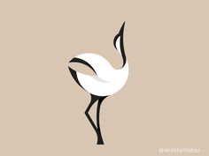 a black and white bird with long legs on a light brown background is featured in this minimalist illustration