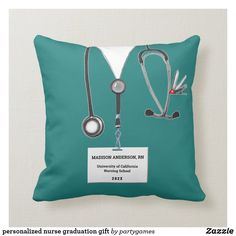 a pillow with a stethoscope on it and a name tag attached to it