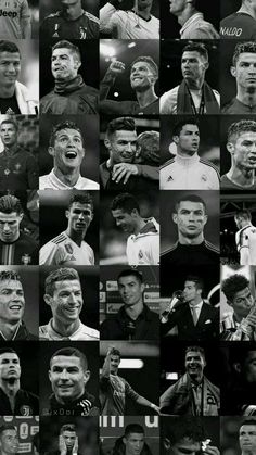 many different pictures of soccer players in black and white, including one with his mouth open