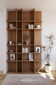 a book shelf with books and plants in it