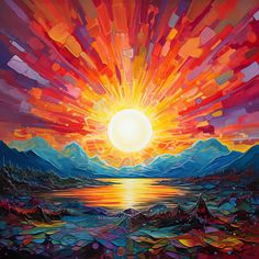 a painting of the sun setting over a body of water with mountains in the background