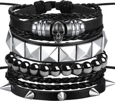 PRICES MAY VARY. Punk Rock: Sahoottie punk bracelets are suitable for men and women who like punk, gothic and rock styles. You can wear one of the bracelets alone, or wear multiple bracelets, or even match them with other different bracelets to show your unique personality aesthetic. Size: The emo bracelet size is 6.8-7.4 inches, the snaps of the leather bracelet are adjustable, and the beads are designed with elastic ropes. You can adjust the size by changing the position of the snaps. The conv Emo Bracelets, Punk Bracelets, Rock Bracelets, Personality Aesthetic, Edgy Bracelets, Emo Jewelry, Studded Bracelet, Spike Bracelet, Gothic Bracelet