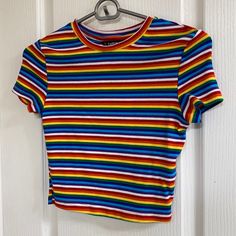 Shein Women’s Rainbow Crop T-Shirt, Size Medium. Never Worn Striped Rainbow Print T-shirt For Spring, Spring Striped T-shirt With Rainbow Print, Casual Striped T-shirt With Rainbow Print, Trendy Rainbow Print Striped Tops, Trendy Striped Rainbow Print Tops, Trendy Striped Tops With Rainbow Print, Rainbow Fitted Crew Neck Top, Fitted Rainbow Print Short Sleeve Top, Fitted Rainbow Crew Neck Top