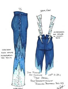 a drawing of some blue pants with white trims and zippers on the bottom