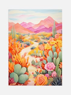 a painting of desert scene with cactus trees and flowers