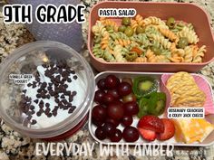 two plastic containers filled with different types of food and the words fifth grade pasta salad