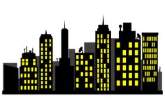 the silhouette of a city at night with buildings lit up in yellow and black colors