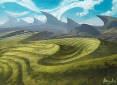 an artist's rendering of green hills with swirls in the grass and blue sky