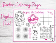 barbie birthday coloring page with the words barbie on it and an image of barbie's birthday