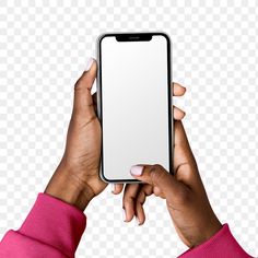 two hands holding an iphone in front of a white background, with the screen showing