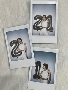 two polaroid photographs of women in white dresses holding black balloons and the number twenty