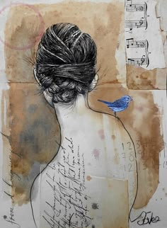 a drawing of a woman's back with a blue bird perched on her shoulder