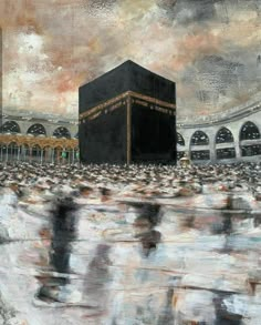 a painting of the ka'bah in the middle of a large building with many people around it