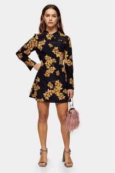 Topshop PETITE Black Floral Printed Mini Dress in black and yellow | This black all over flower detailed mini dress embraces the feminine side of prints this season. Golden floral leaves with long sleeves, petite winter friendly dress for work or casual date night | affiliate link | Topshop | #topshop #topshoppetite #minidress #floraldress #fallfashion All Over Flower, Casual Date Nights, Date Night Fashion, Dress Images, Casual Date, Topshop Outfit, Petite Dresses