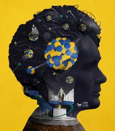 an image of a woman's head with blue and yellow balls in the hair