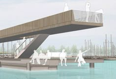 an artist's rendering of people walking across a bridge