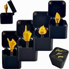 several yellow objects are placed in black boxes with the words trust for you written on them