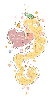 a drawing of a blonde haired girl with flowers on her head and the words happy birthday