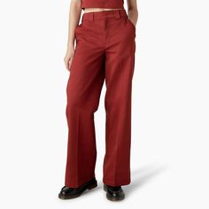 Rooted in retro workwear styling from the Factory era of the 1940s and 1950s, the Women's Wide Leg Work Pants features archival fabrication with a modern silhouette to recapture the character of the American worker. As part of the Clean Utility Core Collection, these wide leg work pants offer straightforward styling in a stonewash for a softer hand feel. The contoured waistband ensures a flattering fit with a high rise that sits right under the navel, perfect to pair with the Relaxed Cropped Wo Wide Leg Work Pants, Dickie Work Pants, Work Pants Women, Dickies Women, Dickies Pants, Leg Work, Pink Pants, Hem Style, Work Shirts