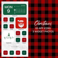 a red and black plaid christmas theme with the text,'christmas icons 3 widget photos '