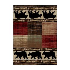 an area rug with black bears and red, beige, and brown squares on it