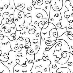 a black and white drawing of many faces