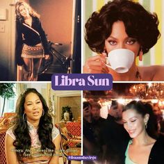 four different pictures of women drinking coffee and talking to each other with the caption libra sun