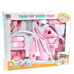 a pink toy set in a box on a white background with the words, take me home now